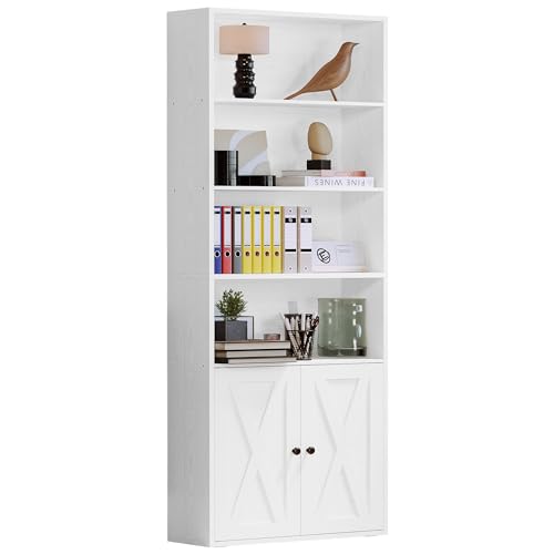 IRONCK Industrial Bookshelves and Bookcases with Doors Floor Standing 6 Shelf Display Storage Shelves 70 in Tall Bookcase for Home Office, Living Room - color: Industrial White