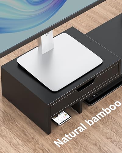 Epesoware Dual Monitor Riser with Two Drawers for Desk, Bamboo Monitor Stand Riser with Storage, Desk Shelf for Computer, IMac & Laptop, No Assembly Required, Black