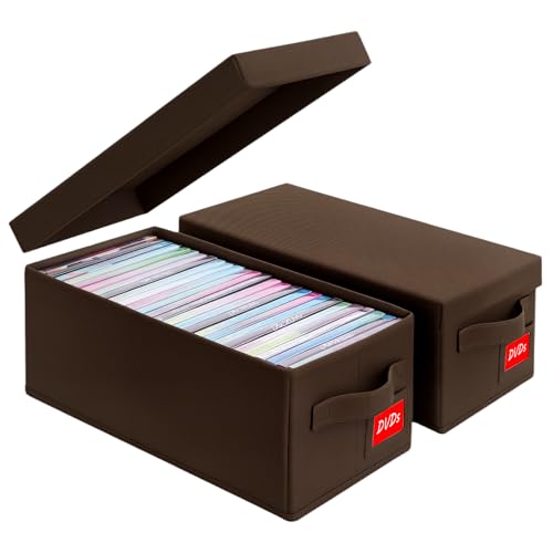 DVD Storage Box 2 Pack – Brown Sturdy Media Organizer with Lids, Stackable Storage Bin for DVDs, CDs, Video Games, and Discs - size: 2Pack