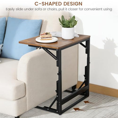 Folding Side Table, Adjustable C-Shaped End Table for Couch, Metal Frame TV Tray Table for Sofa Living Bedroom Bedside Coffee Small Spaces (Brown, 23.6" L x 15.8" W) - size: 23.6"L x 15.8"W