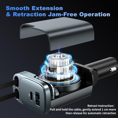 Retractable Car Charger, 4 in 1 Car Charger USB C Fast Charge, Cigarette Lighter USB Charger, Travel Essentials Car Accessories Gifts for Men Women for iPhone 17 16 15 14 13 12 Pro Max, Samsung