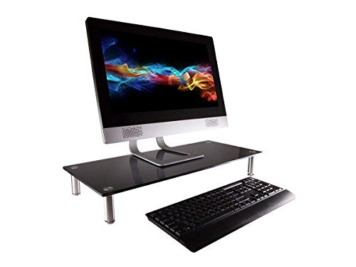 Monoprice Medium Multimedia Desktop Stand, Black Glass (27.6" x 12.2" x 3") - Stand & Riser, Laptop Stand, Desktop TV Stand, Dual Monitors w/ Height Adjustable Legs - Workstream Collection (116360), 25.6" x 11.0" - color: Black Glass, size: 25.6" x 11.0",