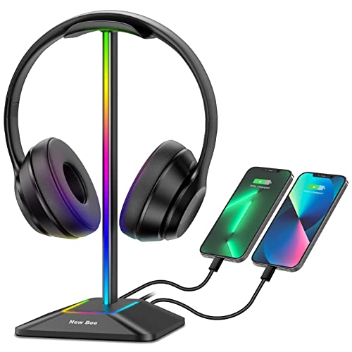 New Bee Headphone Stand with RGB Lighting, Sturdy Aluminum Gaming Headset Holder with USB-C & USB Charging Ports, Stable Desktop Earphone Stand for All Headphones Size, Black - color: Black