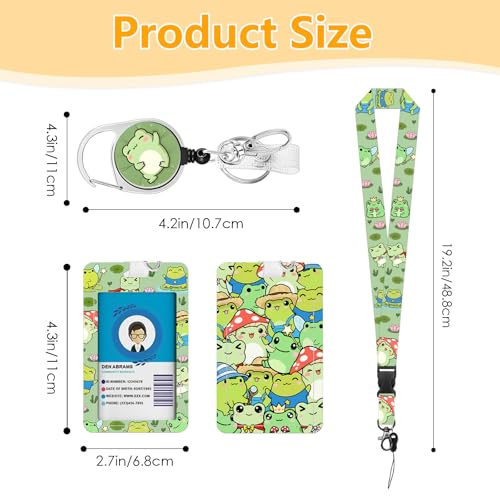 Frog Badge Holder with Lanyard, Cute Frogs ID Badge Holder with Retractable Reel Clip and Keychain for Animal Lover, Vertical Identity Card Cover Case Protector for Women Nurse Teacher - color: Frog-green