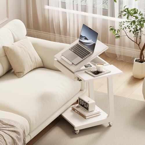 Solid Wood C Shaped End Table for Couch,White C Table with Wheels,Rolling Side Table with Storage,Couch Desk with Adjustable Desktop,Rolling Tv Tray with Folding Shelf,Modern Couch Table - color: White