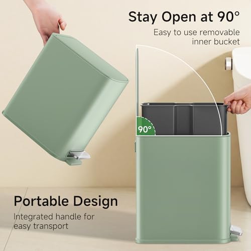 TIPGO Small Bathroom Trash Can with Lid Soft Close, Step Pedal, 1.3 Gallon / 5 Liter Stainless Steel Slim Garbage Can for Office, Diaper Waste Basket with Removable Inner Bucket (Green) - color: Green