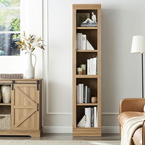 JAHRSTIM Halston Bookshelf, 5-Tier Tall Narrow Storage Shelf, Slim Adjustable Open Shelving Unit for Living Room Bathroom Home Office Bedroom, Modular Bookcase, Oak - color: Oak, size: Narrow w/o Doors