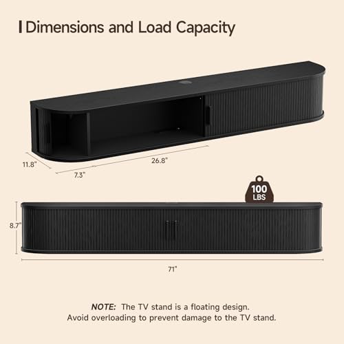 71" Floating TV Stand with Power Outlet for TVs up to 80", Fluted Entertainment Center with Remote Control for LED Lights, Mid-Century Modern TV Console w/Sliding Door for Living Room, Bedroom Black - color: Black, size: 71IN