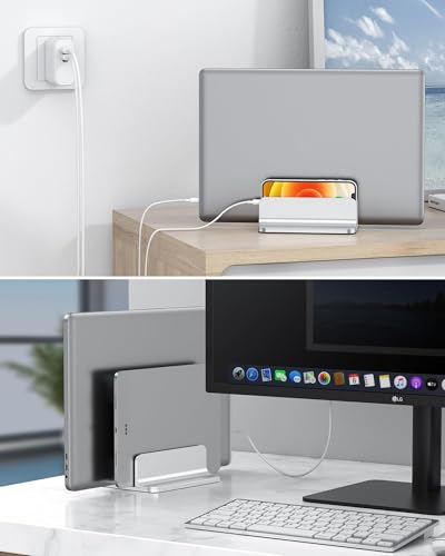 OMOTON Vertical Laptop Stand [Updated Double Version], Desktop Aluminum Mac Book Stand with Adjustable Dock Size, Fits All Mac Book, Surface, Chrome Book and Gaming Laptops (Up to 17.3 inch) (Silver) - color: Silver