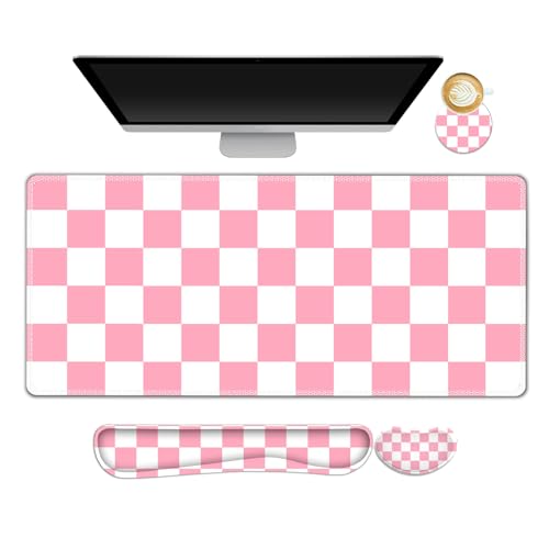 Pastel Pink White Checker Mouse Pad Set, 4 in1 Ergonomics Keyboard Desk Mat with Memory Foam Wrist Rest, Extended Game Mousepad, Non-Slip Large Gaming Desk Pad Matt Easy Typing Pain Relief - color: Pastel Pink White Checker