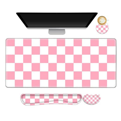 Pastel Pink White Checker Mouse Pad Set, 4 in1 Ergonomics Keyboard Desk Mat with Memory Foam Wrist Rest, Extended Game Mousepad, Non-Slip Large Gaming Desk Pad Matt Easy Typing Pain Relief - color: Pastel Pink White Checker