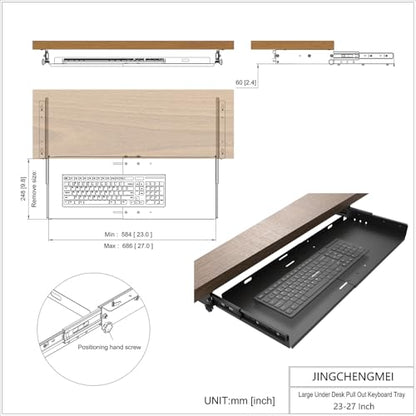 Sliding Keyboard Tray Under Desk, Pull-Out Keyboard and Mouse Tray, 27 x 9.8 inches Large Platform Slide-Out Computer Drawer for Typing, Metal, Black