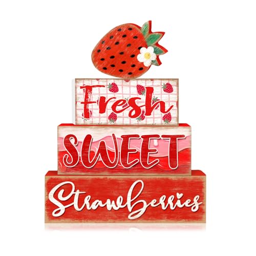 Britimes 4 Pcs Strawberry Decor Summer Wooden Tiered Tray Set, Strawberry Table Décor Farmhouse Rustic Wooden Coffee Table Centerpieces for Home kitchen Office Decorations - style: Stawberry