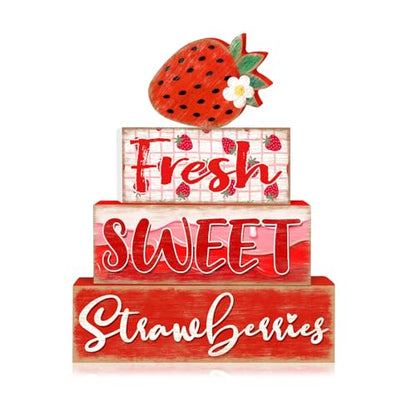 Britimes 4 Pcs Strawberry Decor Summer Wooden Tiered Tray Set, Strawberry Table Décor Farmhouse Rustic Wooden Coffee Table Centerpieces for Home kitchen Office Decorations - style: Stawberry