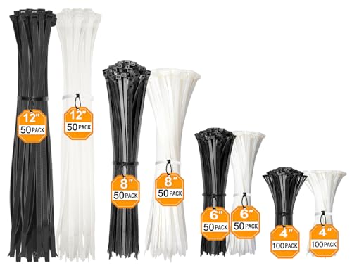 Cable Zip Ties, 500 Pack Black and White Zip Ties Assorted Sizes 4/6/8/12 Inch,Heavy Duty Self Locking Zipties, Nylon Cord Management,Plastic Wire Ties for Indoor,Outdoor,Office,Home,Garden,Workshop - size: 4/6/8/12"-18/40/50LB