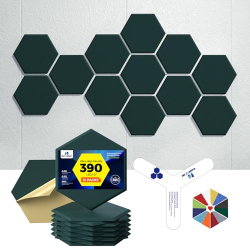 Self-Adhesive Acoustic Panels [390 lbs/yd³ Ultra-High Density], 2nd Generation Sound Absorbing Panel, Professional Level Sound Panel, Polyester Soundproof Foam [Medium Hexagon, Dark Green] - color: Dark Green, size: Medium Hexagon (12''x10''x0.4'')