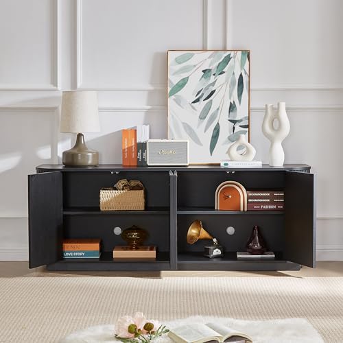 64" Modern TV Stand Sideboard Storage Cabinet, Wooden Curved TV Console with Sliding Doors, Wave Pattern Buffet Cabinet Wooden Vertical Striped Table for Kitchen/Bedroom/Entryway (Black) - color: Black