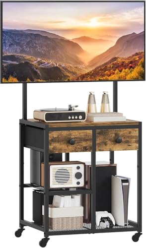 YATINEY TV Stand with Mount, Corner TV Stand with Wheels, for TVs up to 50 Inches, Rolling Entertainment Center, Small TV Stands, for Living Room, Meeting Room, Bedroom, Rustic Brown DS08BR