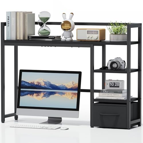 Marbrasse Desk Shelf with Drawer, 40" Desk Hutch for Computer Monitor, Desk Shelf for top of Desk, Wooden Desktop Bookshelf Storage Rack for Home Office Dorm - Black - color: Black