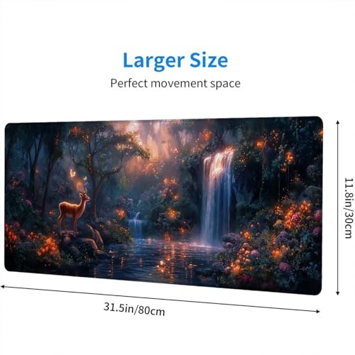 Deer Desk Mat Gaming Mouse Pad 31.5 x 11.8 Inch Nature Forest Waterfall Dreamy Landscape Mousepad XL Large Gaming Mouse Pad Laptop Keyboard Mat Desk Pad Office Computer Keyboard Laptop Home - color: Deer, size: 11.8W x 31.5L inches