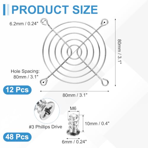 PATIKIL 80mm Fan Finger Grill, 12 Pcs Metal Ventilation Grill Guard Cover with Screws for Industry Workshop Computer Household Refrigerators Air Conditioning, Silver - size: 80mm
