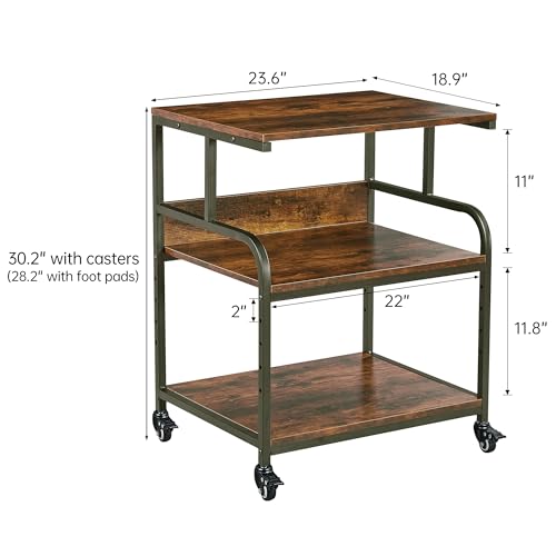 Fannova Large Printer Stand with Adjustable Storage Shelf, 3 Tier Printer Cart with Wheels for Home Office Organization, Rolling Table Stand for Heat Press Mini Fridge, Industrial Style - color: Rustic Brown, size: 23.6"W x 18.9"D x 30"H