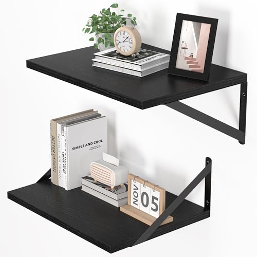 Heimlove Black Deep Floating Shelves for Wall, 16W x 12D Wood Wall Shelves Set of 2, Wide Floating Bookshelf for Living Room, Kitchen, Office, Bedroom and Decor Storage, with Metal Bracket - Black - color: Black With Black Metal Bracket, size: 16wx12dx5.8