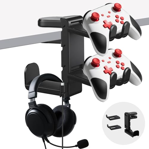 Premium Headset Stand & Gaming Headphone & Controller Holder - 360° Adjustable Under Desk Hook with Cable Management, Black - Perfect Desk & PC Accessories