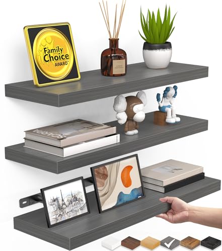 BAYKA Grey Floating Shelves for Wall, Set of 3, Wall Mounted Rustic Wood Shelves for Bathroom, Bedroom, Living Room, Kitchen, Small Hanging Shelf for Books/Storage/Room Decor, 15.7in - color: F. Grey - Industrial Edge Style, size: 15.7inches