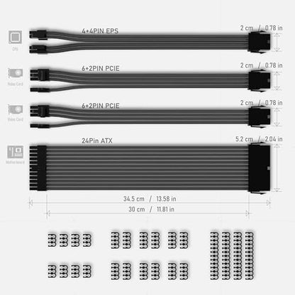 EZDIY-FAB PSU Cable Extension Sleeved Custom Mod GPU PC Power Supply Soft Nylon Braided with Comb Kit 24PIN/8PIN to 6+2Pin/ 8PIN to 4+4PIN-30CM - Black - color: Black