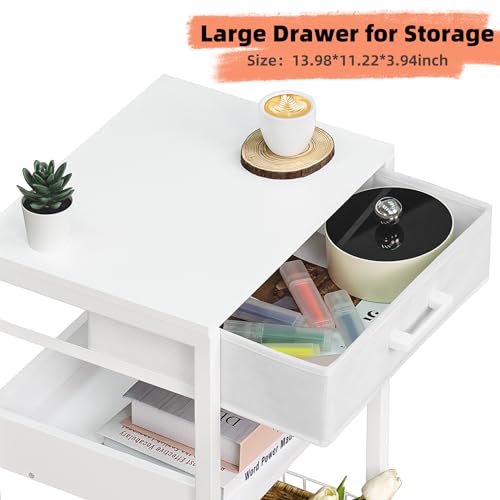 Lerliuo White Printer Stand with Fabric Drawer, 3 Tier Industrial Side Table, Modern Small Printer Desk Holder with Storage Shelf,Multi-Functional Bedside Tables for Home Office Fax Machine Scanner - color: White