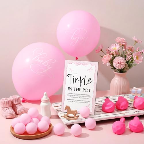 Tatuo 71 Baby Shower Game Sign Wooden Baby Shower Tinkle in the Pot Game Sign Gender Reveal Party Favors 20 Table Tennis Balls 50 Balloon Latex Balloon(Bow,Pink) - color: Pink, style: Bow
