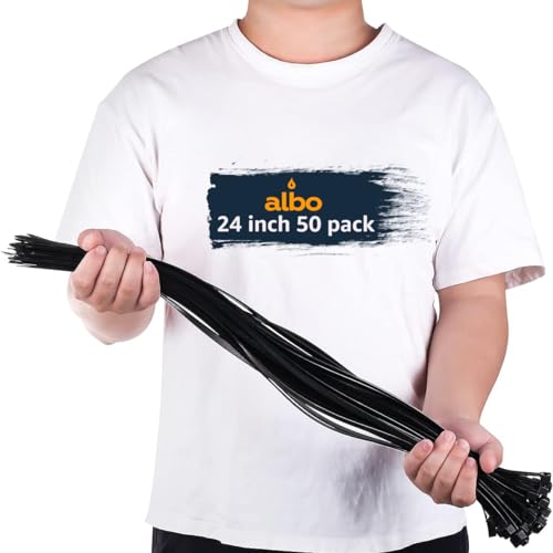 ALBO Zip Ties Black 24 Inch 50 Pack 200 lb, Long Plastic Cable Ties Thick 0,35 Inch Tie Wraps Heavy Duty UV Resistant Nylon Wire Ties for Indoor and Outdoor - size: 24" Black 50 Pack