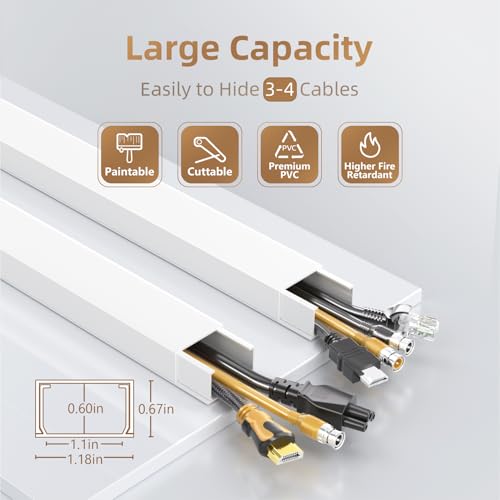 Delamu Cord Hider Wall, 85in Cord Covers for 3-4 Wires on Wall, Cable Hider Wire Hiders Wire Covers for TV Cords on Wall, Easy Mount Cable Cover Management Kit to Hide TV Wires, W1.18 H0.67in, White - color: White, size: 85in L x 1.18in W x 0.67in H