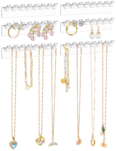 NiHome 6-Pack 48 Hooks Wall-Mounted Clear Plastic Jewelry Organizers for Earrings, Necklaces, Bracelets, Rings, Studs, No-Drill Adhesive Installation Racks for Closet, Bathroom, Bedroom, Mirror - color: Clear-6PCS