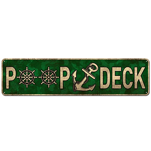 Poop Deck Sign, Nautical Nursery Wall Décor Rustic Beach Bathroom Tin Sign, Nautical Boat Décor Ocean Coastal Theme Decorations for Home Ocean Bathroom and Nursery 4" x 16" - color: Poop Deck