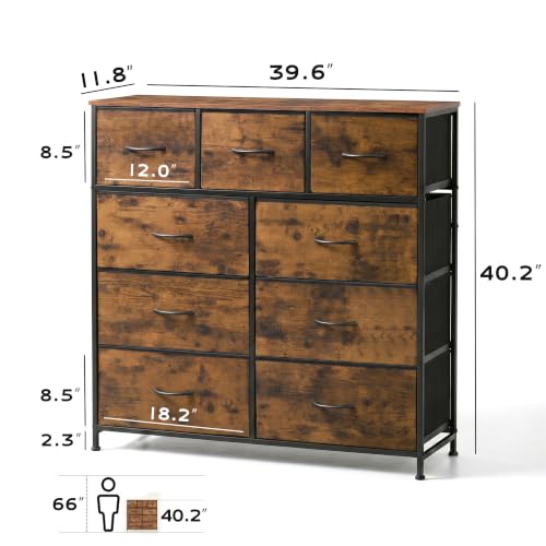 WLIVE 9-Drawer Dresser, Fabric Storage Tower for Bedroom, Hallway, Entryway, Closet, Tall Chest Organizer Unit with Fabric Bins, Steel Frame, Wood Top, Easy Pull Handle, Rustic Brown Wood Grain Print - color: Rustic Brown Wood Grain Print