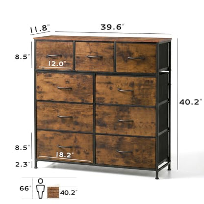 WLIVE 9-Drawer Dresser, Fabric Storage Tower for Bedroom, Hallway, Entryway, Closet, Tall Chest Organizer Unit with Fabric Bins, Steel Frame, Wood Top, Easy Pull Handle, Rustic Brown Wood Grain Print - color: Rustic Brown Wood Grain Print