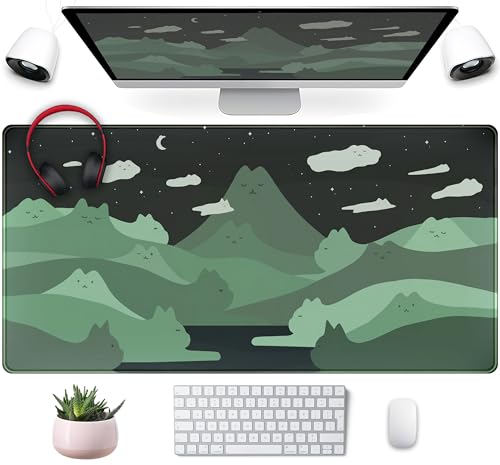 Anime Green Cats Mouse Pad Desk Pad Kawaii Cartoon Cat Desk Mat Cute, XXL Large Laptop Gaming Mousepad Keyboard Mouse Mat, Office Desk Decor matt for Women with Stitched Eges Pad, 31.5x15.75 in - color: Black Green Cartoon Cat