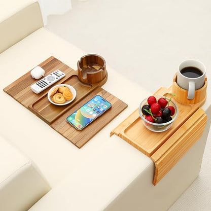 Couch Cup Holder Tray, 15.75" Bamboo Cup Holder for Couch, 3 in 1 Foldable Arm Chair Clip on Side Tray Table for Remote Snack Table on Armrest - color: Bamboo