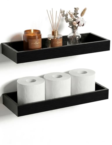 Floating Shelves with Raised Lip for Wall, 15.7 Inch Black Wooden Floating Wall Shelves, Set of 2, Wall Shelves for Bedroom Bathroom Living Room, Rustic Storage Display Shelves - color: Black