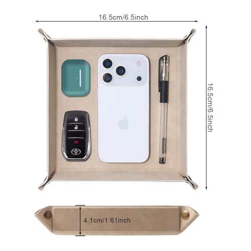 Valet Tray Desktop Storage Organizer – Premium PU Leather Catchall Bedside Vanity Tray Nightstand Caddy Holder for Remote Controller, Keys, Phone, Wallet, Coin, Jewelry,Apricot - color: Apricot