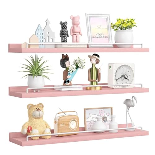 RYOFOBETTO 22 inches Long Floating Shelves, Bathroom Decor Shelves Over Toilet, Farmhouse Wall Shelves for Living Room, Bedroom, Picture Frames, Plants, Kitchen, Set of 3 (Pink and White) - color: Pink and White, size: 22"