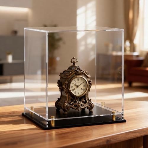 Acrylic Display Case for Collectibles, Dustproof Acrylic Box with Clear Display Elevation & Gold Risers, Large Display Case for Figures Toys Memorabilia, 8" L x 8" W x 9.6" H - size: 8"L x 8"W x 9.6"H
