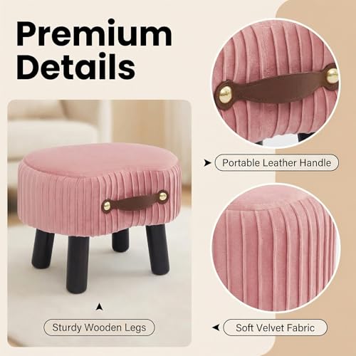 Foot Stools Small, Ottomon with Handle, Velvet Footrest Ottoman | Curved Foot Stool with Padded Seat Wooden Legs, Portable Foot Rest for Living Room, Bedroom, Entryway (Pink) - color: Pink
