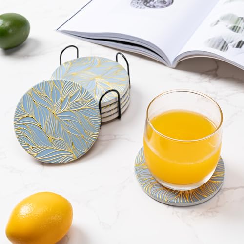 Hoewina 6Pcs Drink Coasters with Holder, Marble Style Ceramic Drink Coaster, Absorbent Coasters Set Suitable for Kinds of Cups, Modern Style Coaster for Coffee Table, 4 Inches（Gilded Relief - color: Gilded Relief