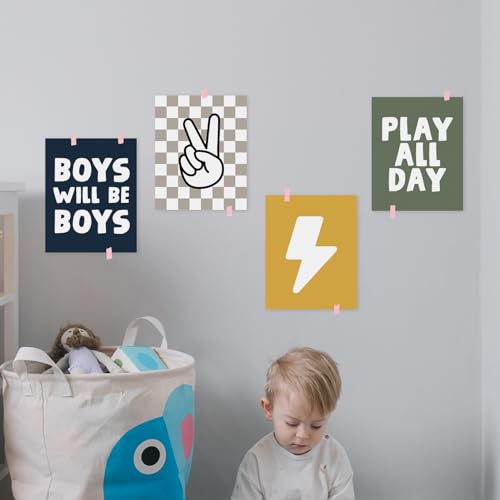 HRQKO Boho Boys Room Wall Art Poster Set, Positive Boys Playing Prints, Black Checkered Hand Prints, Unframed (blue) - 4 Pieces (12'x16') - color: blue4, size: 8x10