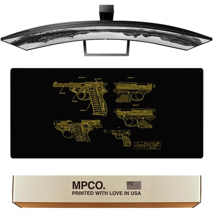 MPCO. Blueprints Large Gaming Desk Pad - 36" x 17" Aeroglyde Fabric Pistol 38 – Black/Yellow Desk Mats - Non-Slip, Washable, Smooth Glide for Precision Gaming & Work - color: Aeroglyde Pistol 38 – Black/Yellow