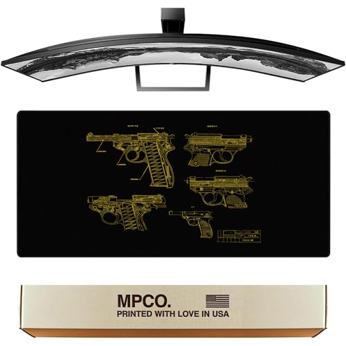 MPCO. Blueprints Large Gaming Desk Pad - 36" x 17" Aeroglyde Fabric Pistol 38 – Black/Yellow Desk Mats - Non-Slip, Washable, Smooth Glide for Precision Gaming & Work - color: Aeroglyde Pistol 38 – Black/Yellow