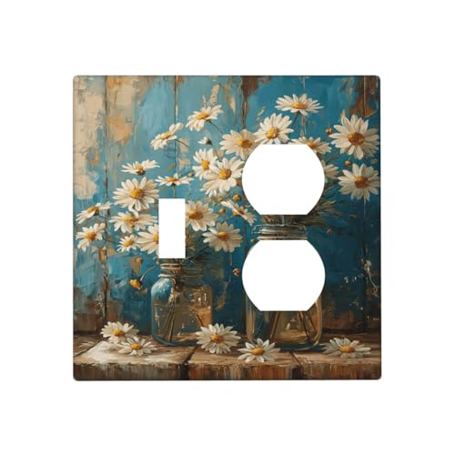 Delicate White Daisy Jars Retro Wood Background Wallplates 1 Toggle 1 Duplex Switch Plate Electrical GFCI Faceplate Decorative Light Switch Covers for Farmhouse Home Decor - color: Delicate White Daisy Jars Retro Wood Background, size: 1 Toggle 1 Duplex /